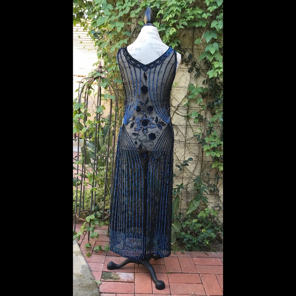 🎉HP🎉 European Flapper Dress 20’s Gatsby Mesh Sequins Sapphire Onyx Color… - Picture 5 of 12
